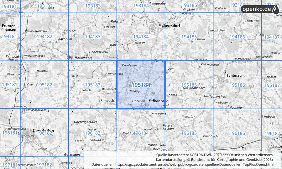 Übersichtskarte des KOSTRA-DWD-2020-Rasterfeldes Nr. 195184