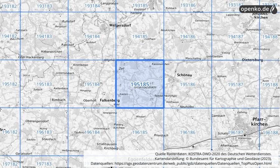 Übersichtskarte des KOSTRA-DWD-2020-Rasterfeldes Nr. 195185