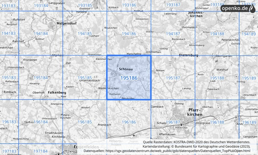 Übersichtskarte des KOSTRA-DWD-2020-Rasterfeldes Nr. 195186