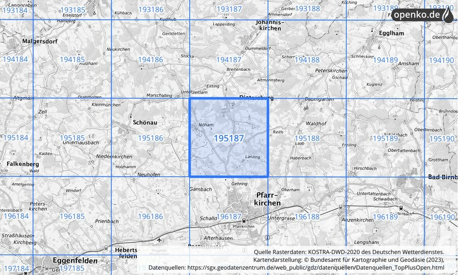 Übersichtskarte des KOSTRA-DWD-2020-Rasterfeldes Nr. 195187