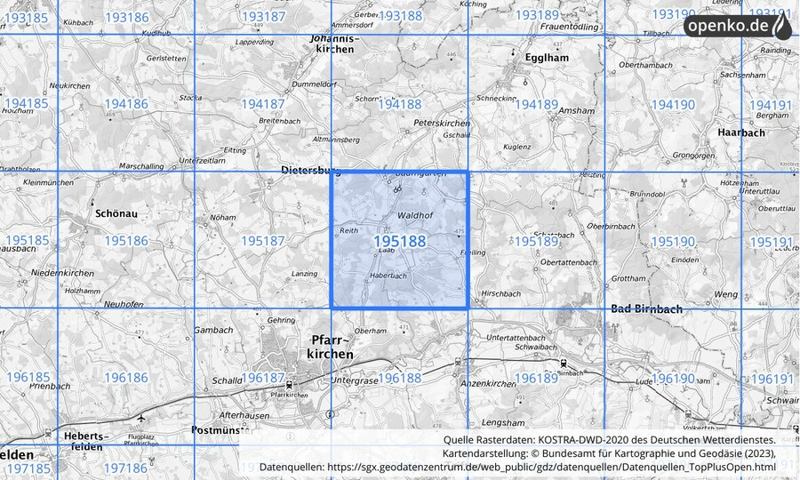 Übersichtskarte des KOSTRA-DWD-2020-Rasterfeldes Nr. 195188