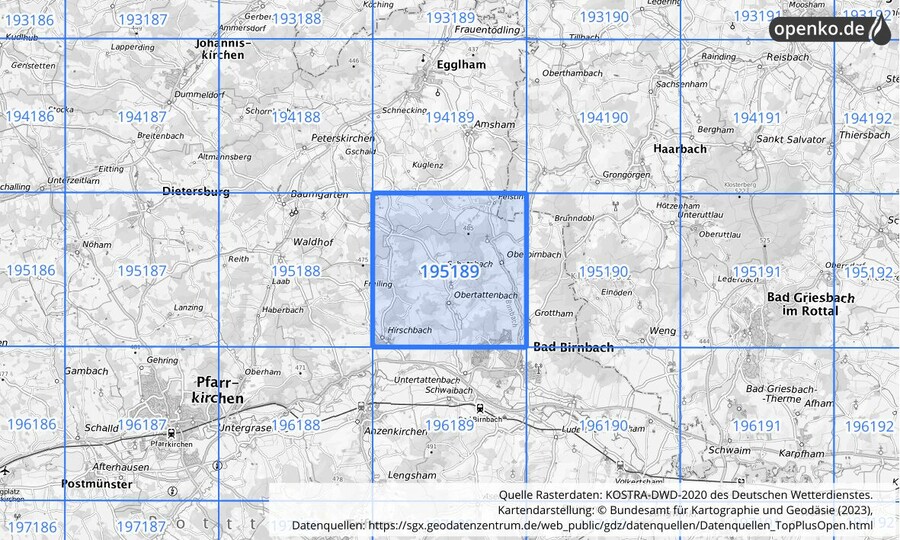 Übersichtskarte des KOSTRA-DWD-2020-Rasterfeldes Nr. 195189