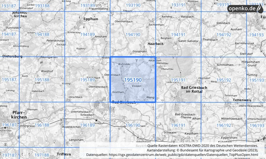 Übersichtskarte des KOSTRA-DWD-2020-Rasterfeldes Nr. 195190