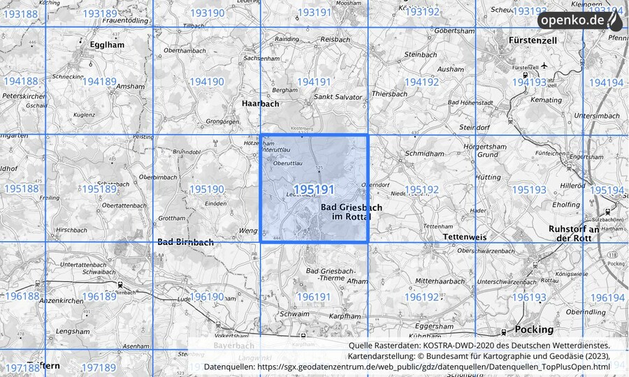 Übersichtskarte des KOSTRA-DWD-2020-Rasterfeldes Nr. 195191