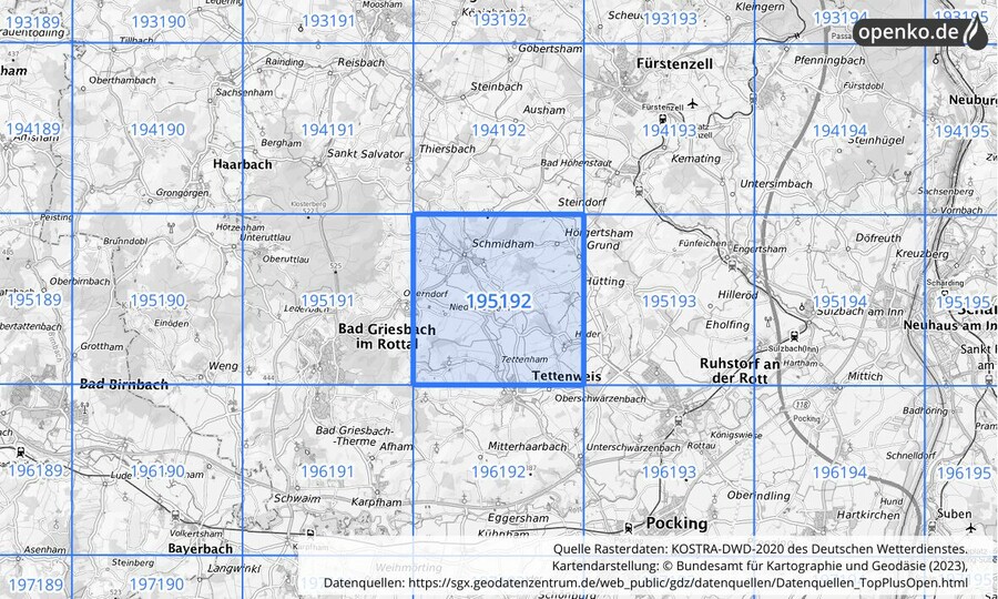 Übersichtskarte des KOSTRA-DWD-2020-Rasterfeldes Nr. 195192