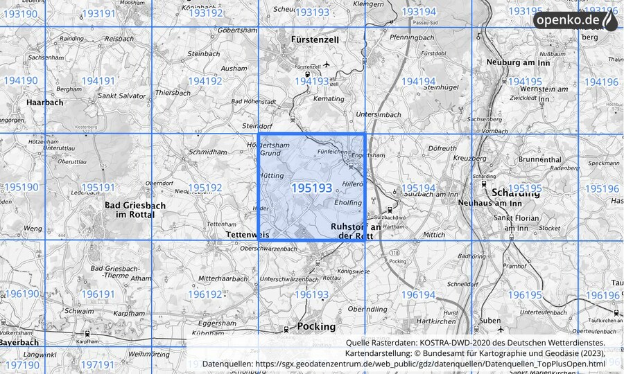 Übersichtskarte des KOSTRA-DWD-2020-Rasterfeldes Nr. 195193