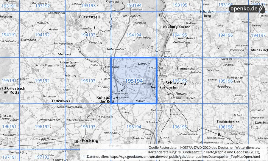 Übersichtskarte des KOSTRA-DWD-2020-Rasterfeldes Nr. 195194