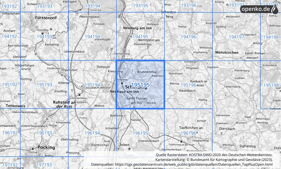 Übersichtskarte des KOSTRA-DWD-2020-Rasterfeldes Nr. 195195