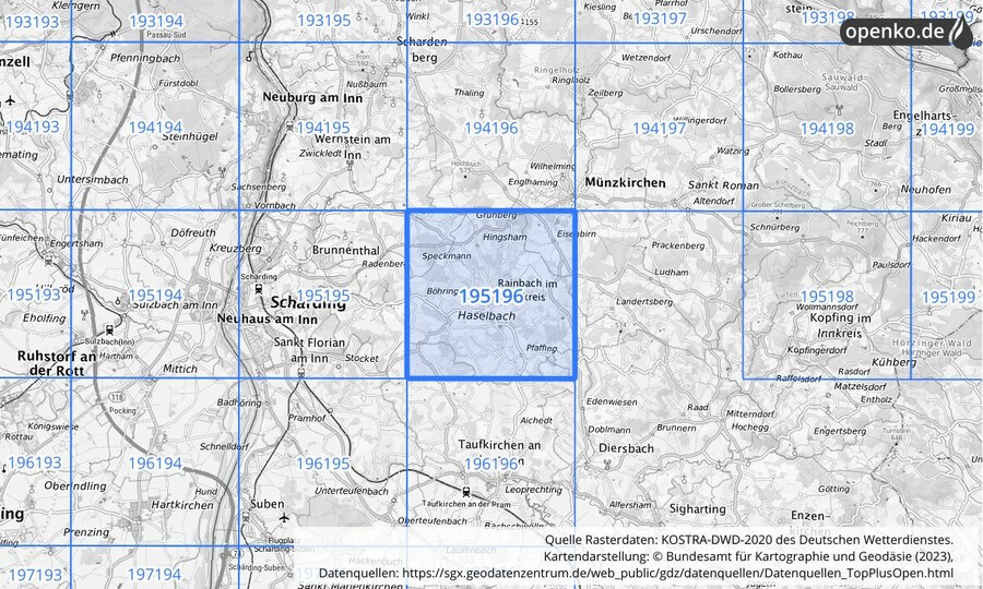 Übersichtskarte des KOSTRA-DWD-2020-Rasterfeldes Nr. 195196