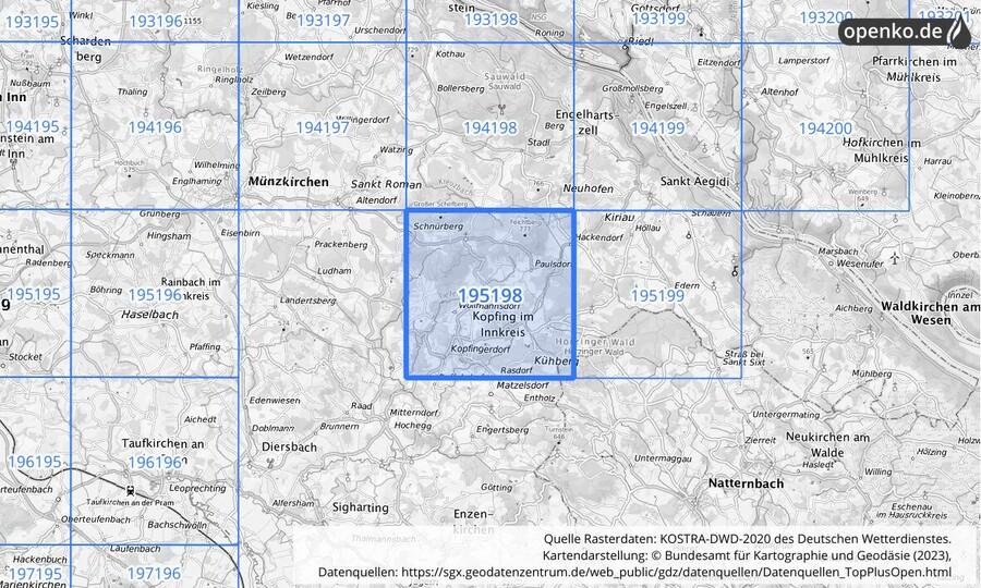 Übersichtskarte des KOSTRA-DWD-2020-Rasterfeldes Nr. 195198