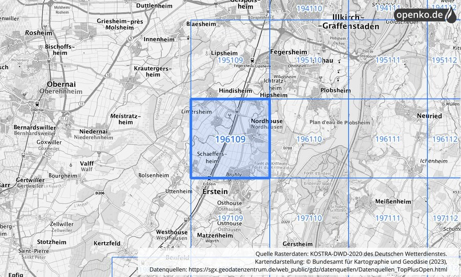 Übersichtskarte des KOSTRA-DWD-2020-Rasterfeldes Nr. 196109