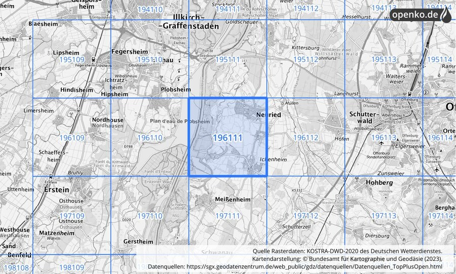 Übersichtskarte des KOSTRA-DWD-2020-Rasterfeldes Nr. 196111