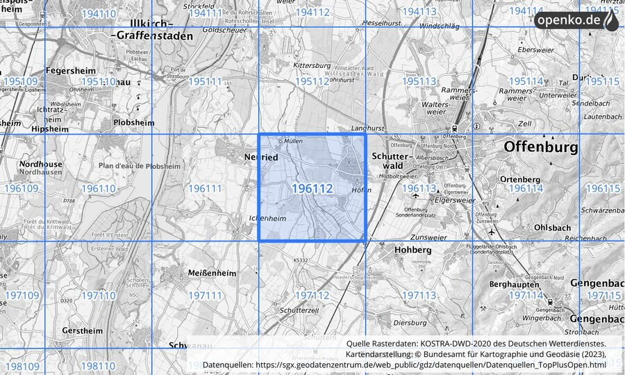 Übersichtskarte des KOSTRA-DWD-2020-Rasterfeldes Nr. 196112
