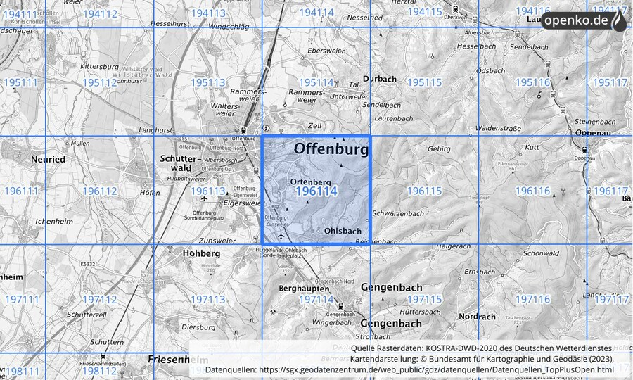 Übersichtskarte des KOSTRA-DWD-2020-Rasterfeldes Nr. 196114