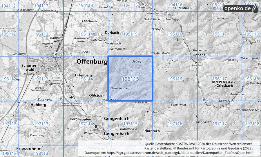 Übersichtskarte des KOSTRA-DWD-2020-Rasterfeldes Nr. 196115