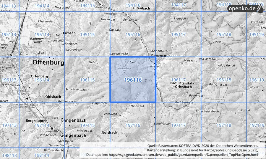 Übersichtskarte des KOSTRA-DWD-2020-Rasterfeldes Nr. 196116