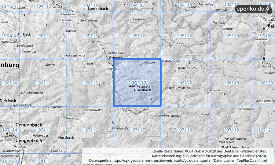 Übersichtskarte des KOSTRA-DWD-2020-Rasterfeldes Nr. 196117
