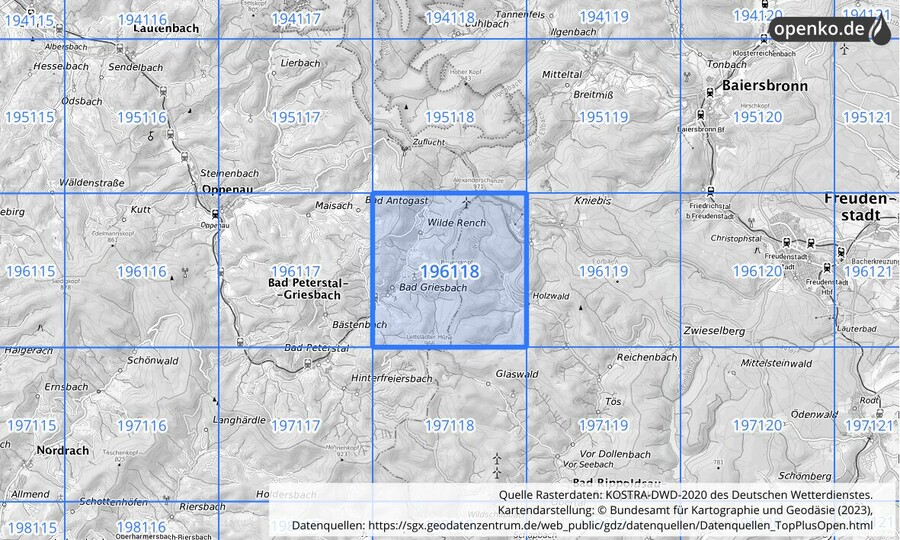 Übersichtskarte des KOSTRA-DWD-2020-Rasterfeldes Nr. 196118