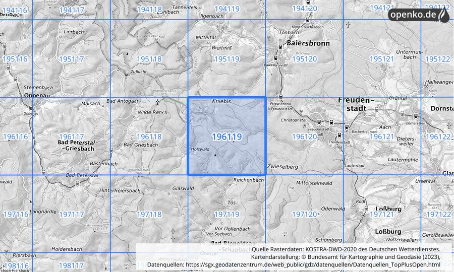 Übersichtskarte des KOSTRA-DWD-2020-Rasterfeldes Nr. 196119