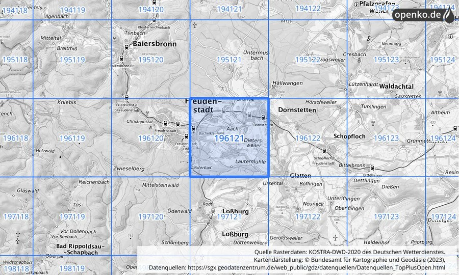 Übersichtskarte des KOSTRA-DWD-2020-Rasterfeldes Nr. 196121