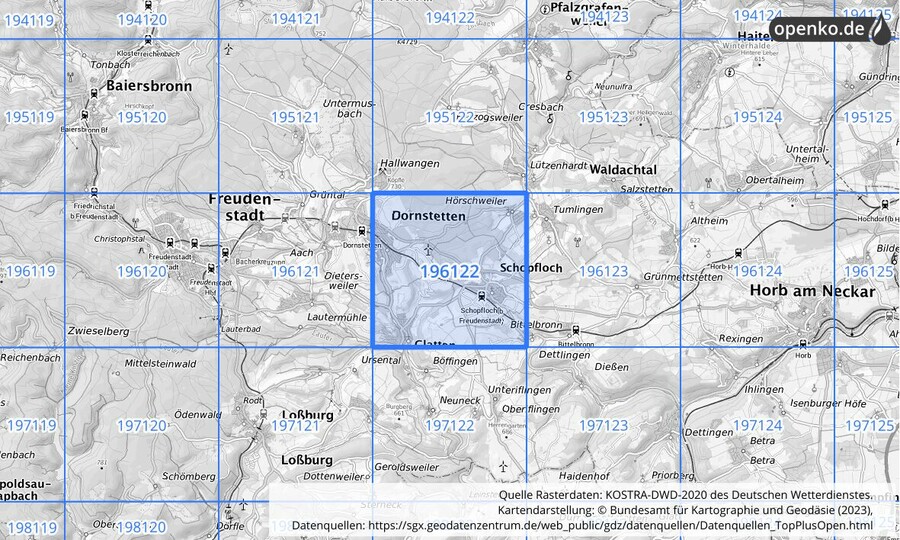 Übersichtskarte des KOSTRA-DWD-2020-Rasterfeldes Nr. 196122