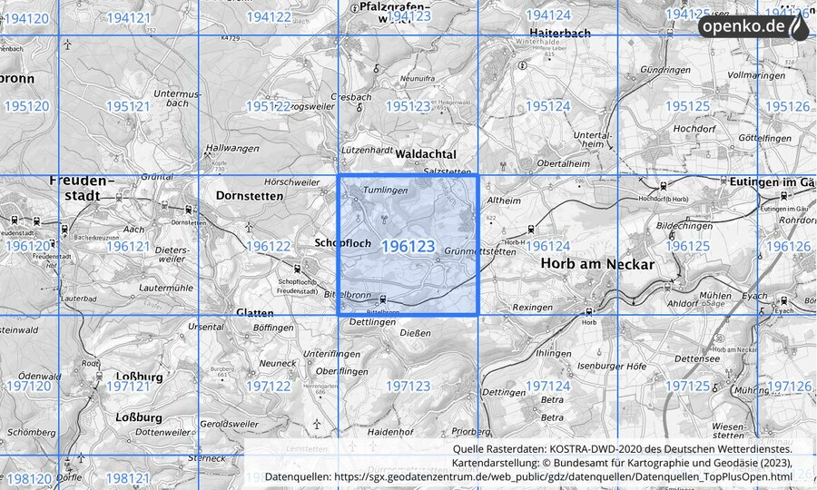 Übersichtskarte des KOSTRA-DWD-2020-Rasterfeldes Nr. 196123
