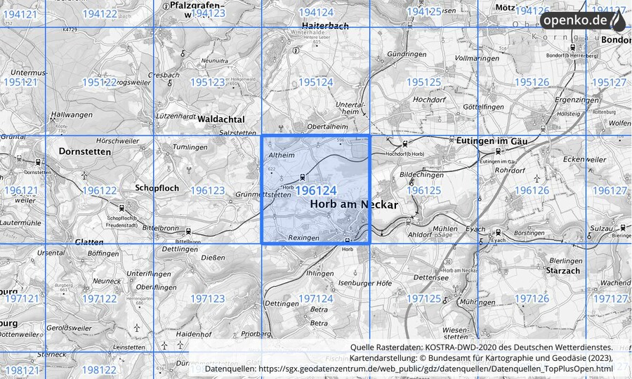 Übersichtskarte des KOSTRA-DWD-2020-Rasterfeldes Nr. 196124