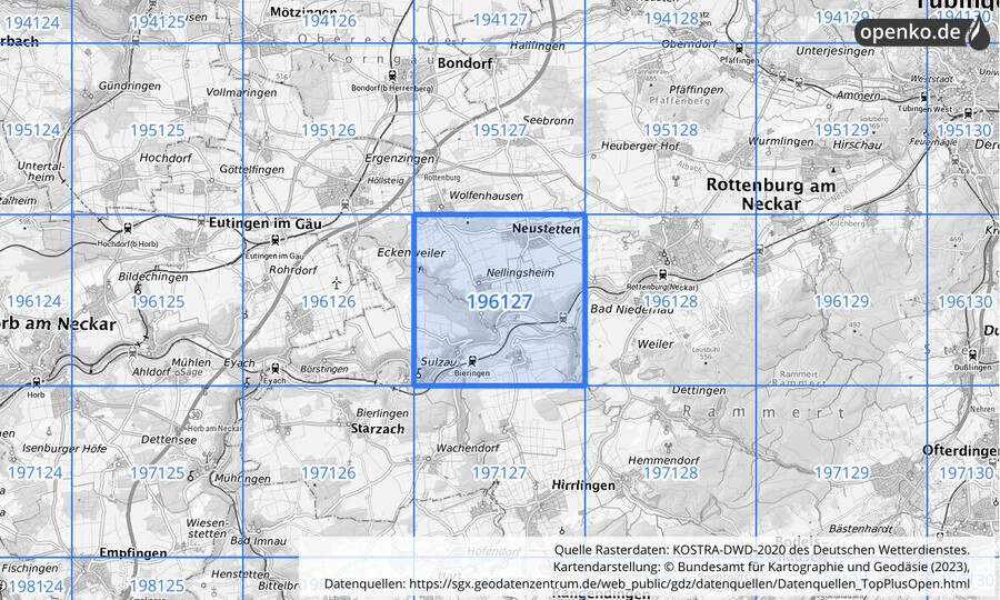 Übersichtskarte des KOSTRA-DWD-2020-Rasterfeldes Nr. 196127