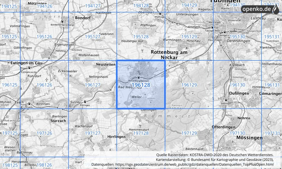 Übersichtskarte des KOSTRA-DWD-2020-Rasterfeldes Nr. 196128