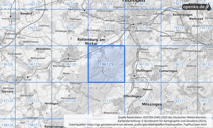 Übersichtskarte des KOSTRA-DWD-2020-Rasterfeldes Nr. 196129