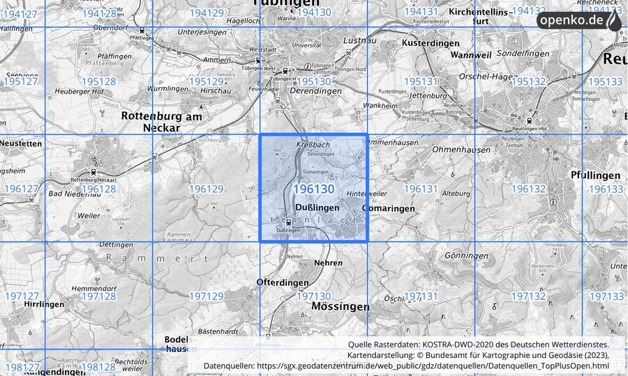 Übersichtskarte des KOSTRA-DWD-2020-Rasterfeldes Nr. 196130