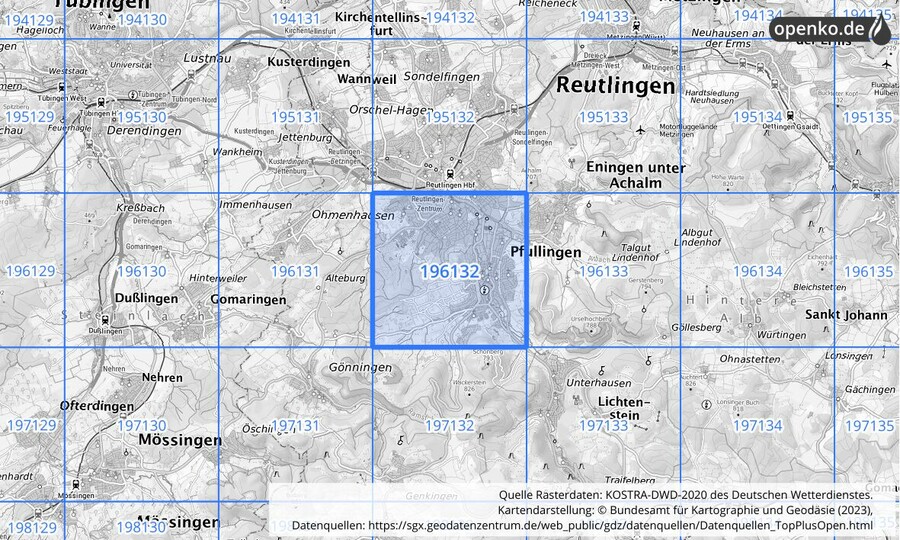 Übersichtskarte des KOSTRA-DWD-2020-Rasterfeldes Nr. 196132