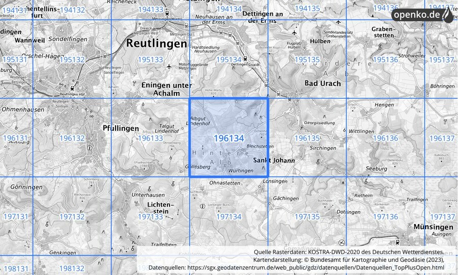 Übersichtskarte des KOSTRA-DWD-2020-Rasterfeldes Nr. 196134