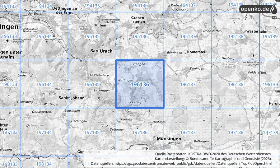 Übersichtskarte des KOSTRA-DWD-2020-Rasterfeldes Nr. 196136
