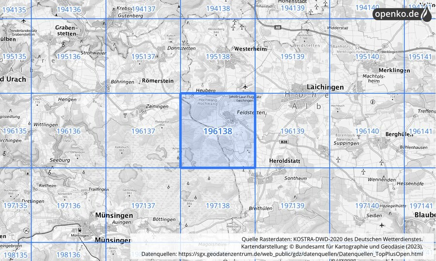 Übersichtskarte des KOSTRA-DWD-2020-Rasterfeldes Nr. 196138