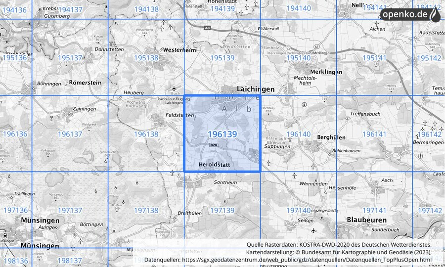 Übersichtskarte des KOSTRA-DWD-2020-Rasterfeldes Nr. 196139