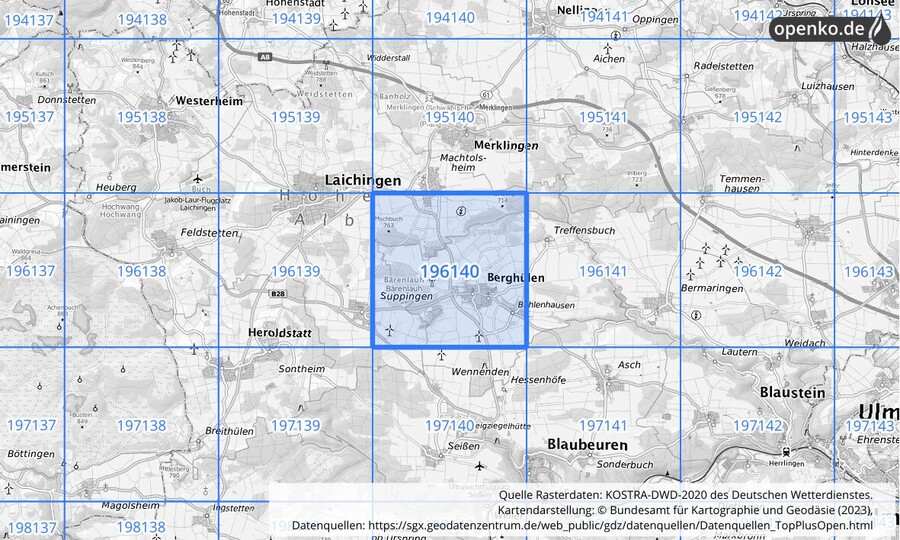 Übersichtskarte des KOSTRA-DWD-2020-Rasterfeldes Nr. 196140