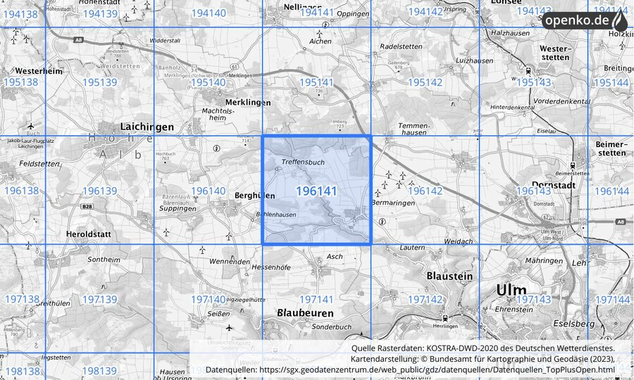 Übersichtskarte des KOSTRA-DWD-2020-Rasterfeldes Nr. 196141