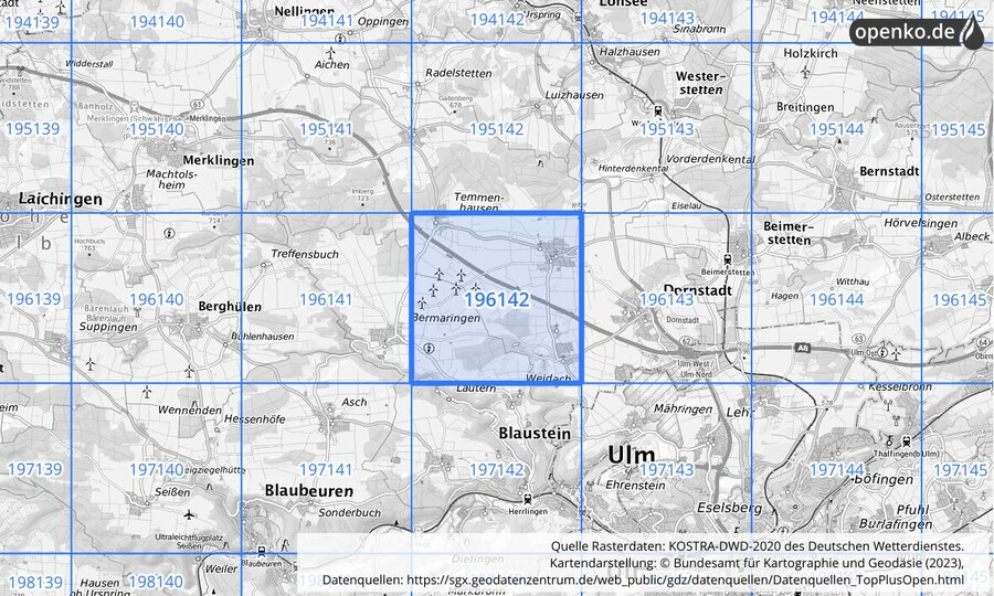 Übersichtskarte des KOSTRA-DWD-2020-Rasterfeldes Nr. 196142