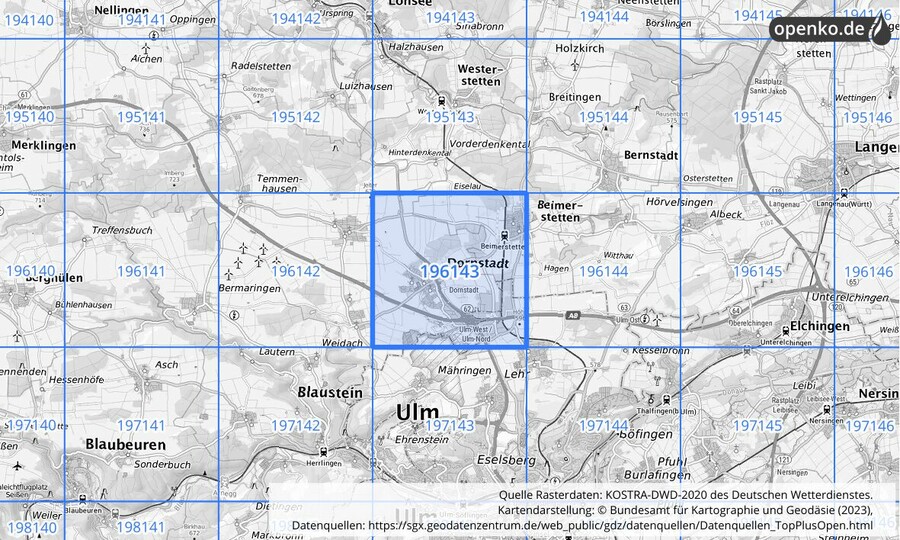 Übersichtskarte des KOSTRA-DWD-2020-Rasterfeldes Nr. 196143