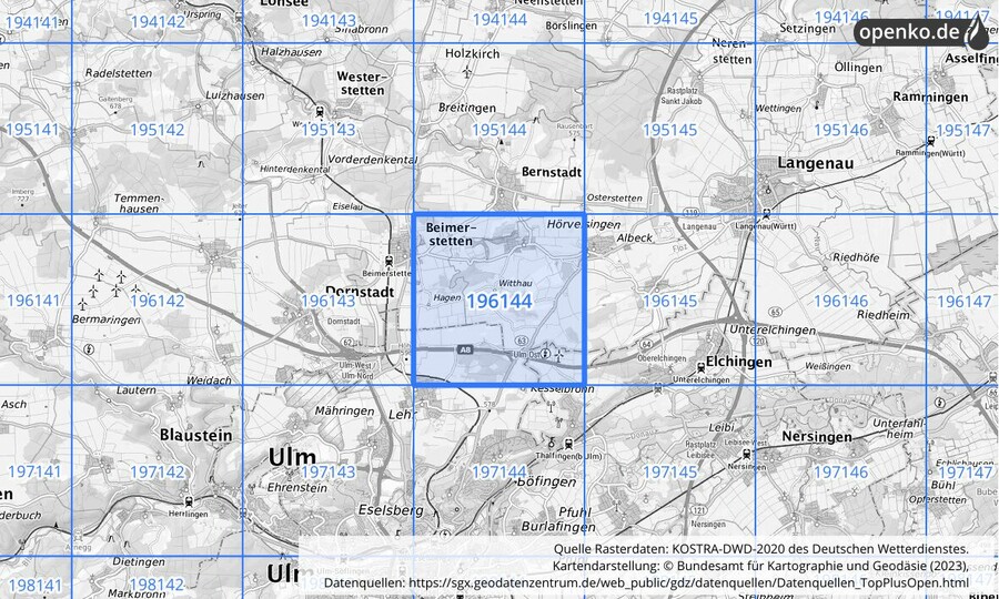 Übersichtskarte des KOSTRA-DWD-2020-Rasterfeldes Nr. 196144