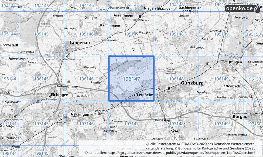 Übersichtskarte des KOSTRA-DWD-2020-Rasterfeldes Nr. 196147