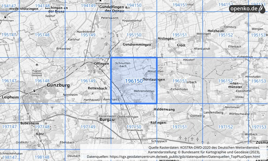 Übersichtskarte des KOSTRA-DWD-2020-Rasterfeldes Nr. 196150