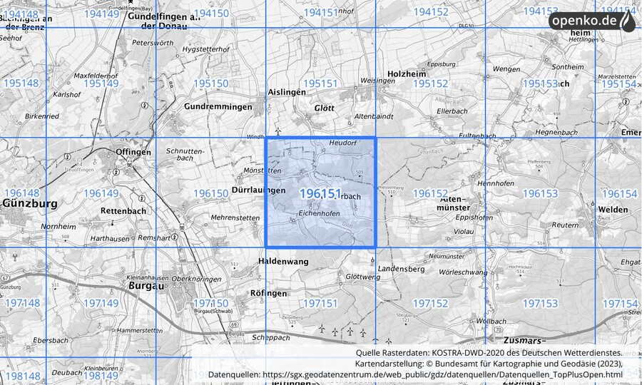 Übersichtskarte des KOSTRA-DWD-2020-Rasterfeldes Nr. 196151