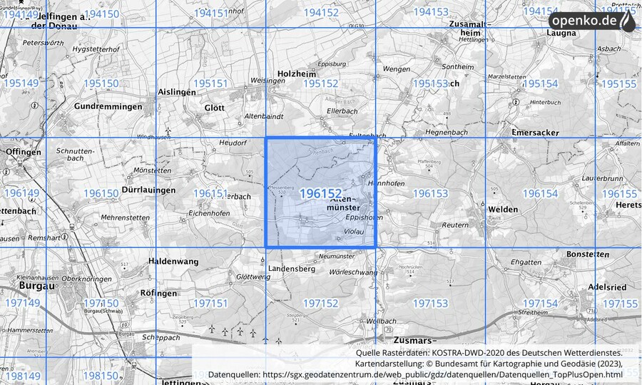 Übersichtskarte des KOSTRA-DWD-2020-Rasterfeldes Nr. 196152