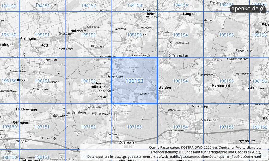 Übersichtskarte des KOSTRA-DWD-2020-Rasterfeldes Nr. 196153