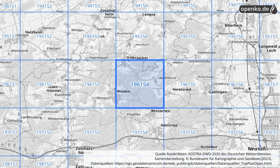 Übersichtskarte des KOSTRA-DWD-2020-Rasterfeldes Nr. 196154