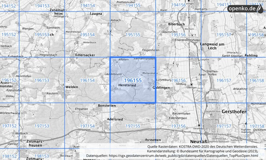 Übersichtskarte des KOSTRA-DWD-2020-Rasterfeldes Nr. 196155