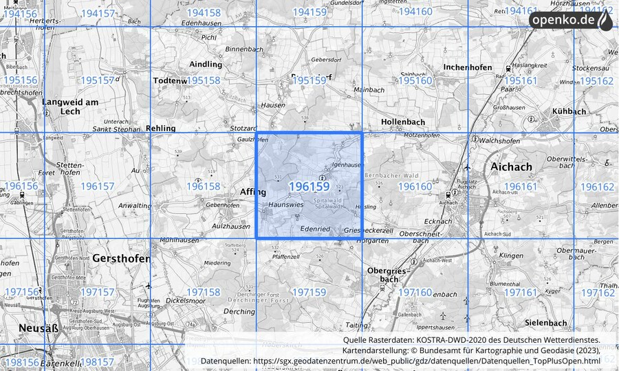 Übersichtskarte des KOSTRA-DWD-2020-Rasterfeldes Nr. 196159