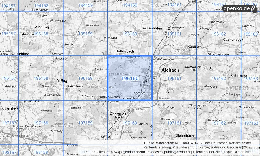 Übersichtskarte des KOSTRA-DWD-2020-Rasterfeldes Nr. 196160